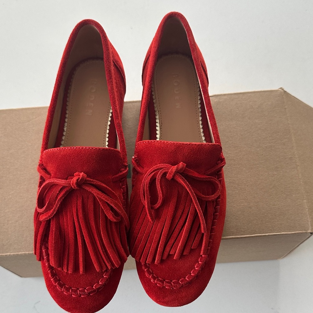 Boden Red Suede Moccasins with Fringe